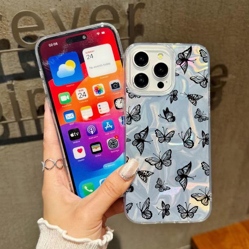 Прозрачный мягкий противоударный чехол с принтом бабочек для iPhone 16 Pro Max 15 14 Pro 13 12 11, блестящая жесткая задняя крышка из поликарбоната с перьями