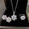 Elegant CZ Gemstone Pendant Necklace Set With Earrings Ring Women Blue Red Yellow Green Purple White Zircon Jewelry