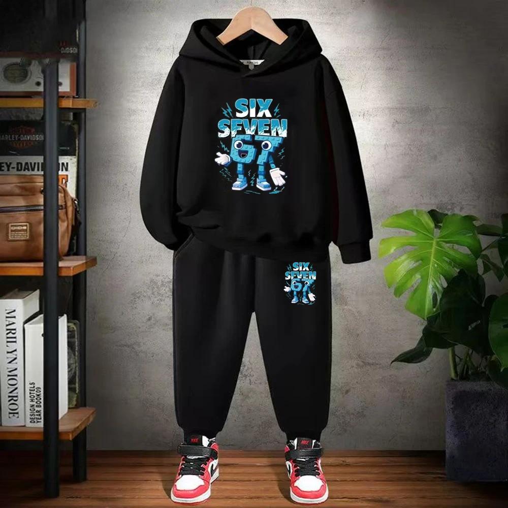 Children From 3 To 12 Years Old 67 Printed Hooded Sweatshirt and Black Top and Pants Suit, Suitable for Girls and Boys