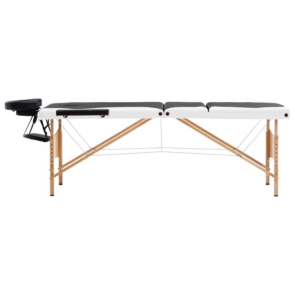 Folding 3 Zone Massage Table with Wooden Frame Black and White