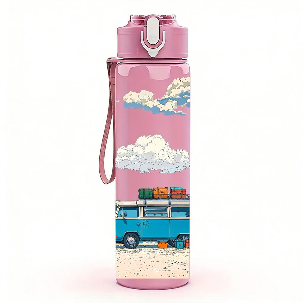 1PC Retro Van Mountain Sky Scenery Print 750ml Color Plastic Sports Water Bottle Leakproof Flip Straw Lid Suitable for Sports Office Home Use