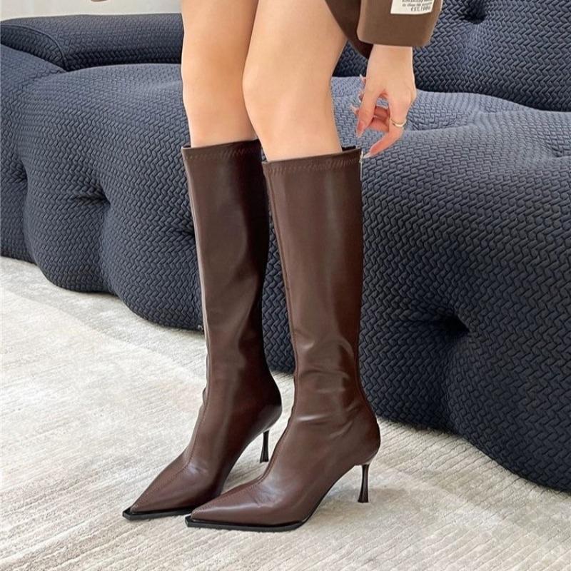 New Style Popular Women's Pointed Toe High Stiletto Heel Pleated Knee High Boots Women's Mid-Leg Comfortable Zapatos De Mujer