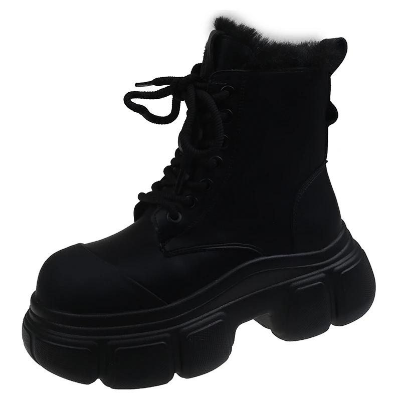 Обувь для женщин 2024 года, горячая распродажа, женские ботинки на шнуровке, зимние, с круглым носком, сплошные, плюшевые, теплые, на платформе, водонепроницаемые, модные, голые ботинки