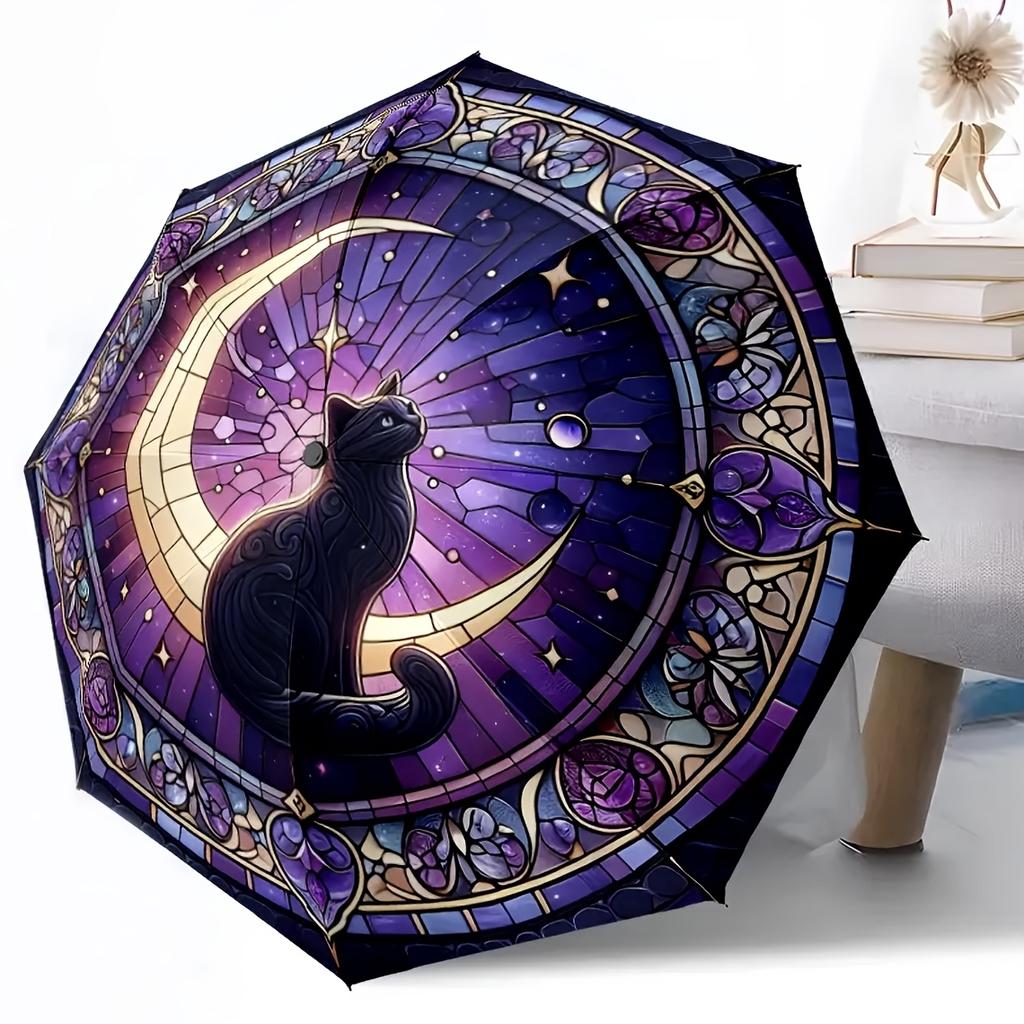 Black Cat Print Folding Umbrella, Stylish and Cool, Ideal for Daily Commutes, Lightweight and Durable, Large Size, Adjustable, Perfect for T