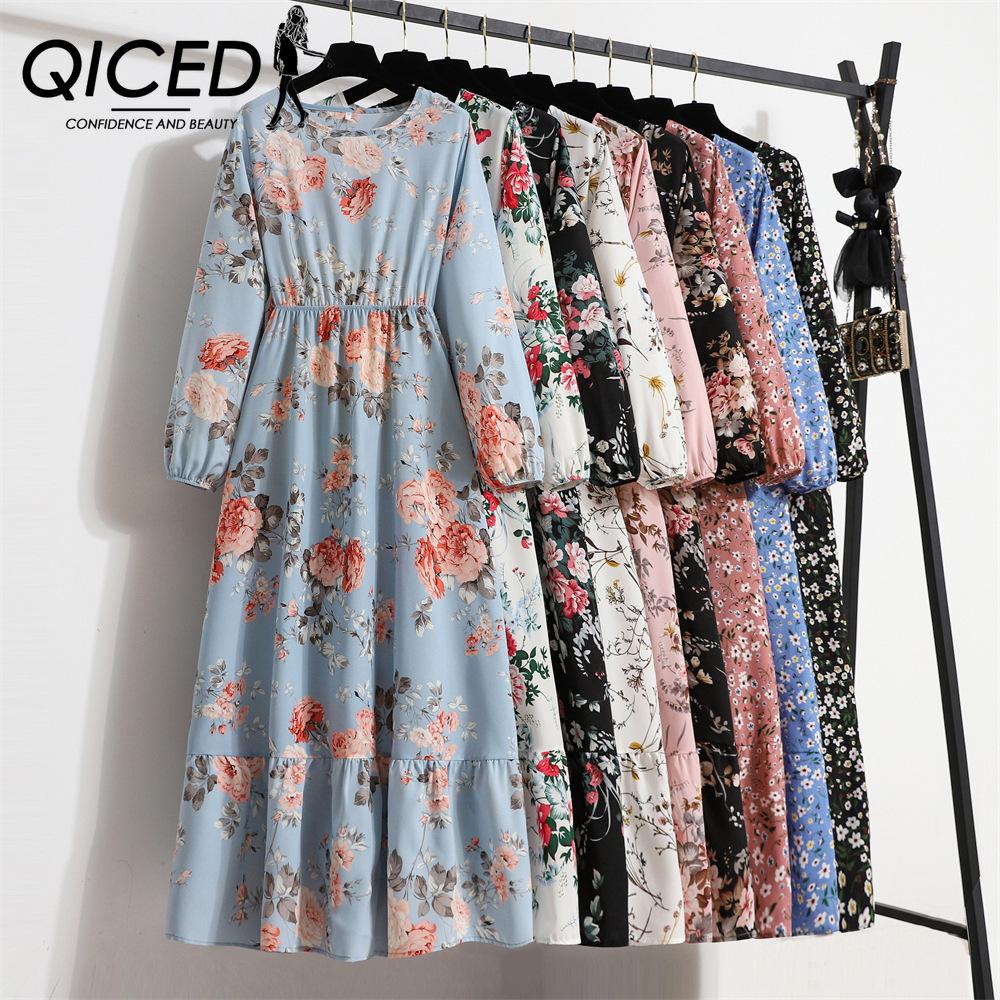 QICED Женская юбка для перерыва на чай, шифоновое платье с длинными рукавами и цветочным принтом, весна и осень, женственная юбка для похудения с талией, фея