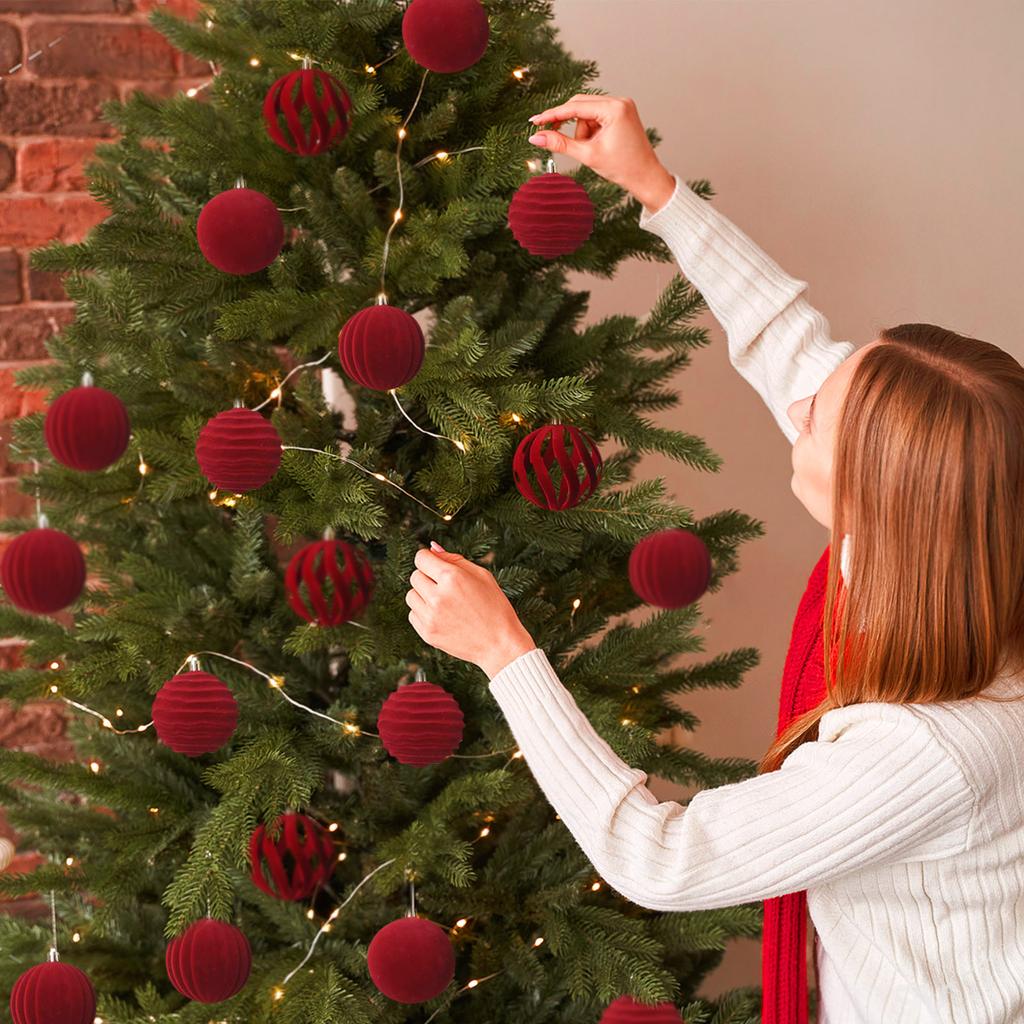 2,36-дюймовые елочные украшения, бархатные шары, набор из 20 декоративных флокированных шаров, на Рождество 2024 г., красные