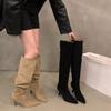 High-heeled Khaki Knee-piled Boots Women's Shoes New Autumn and Winter Pointed Thin Long Tube