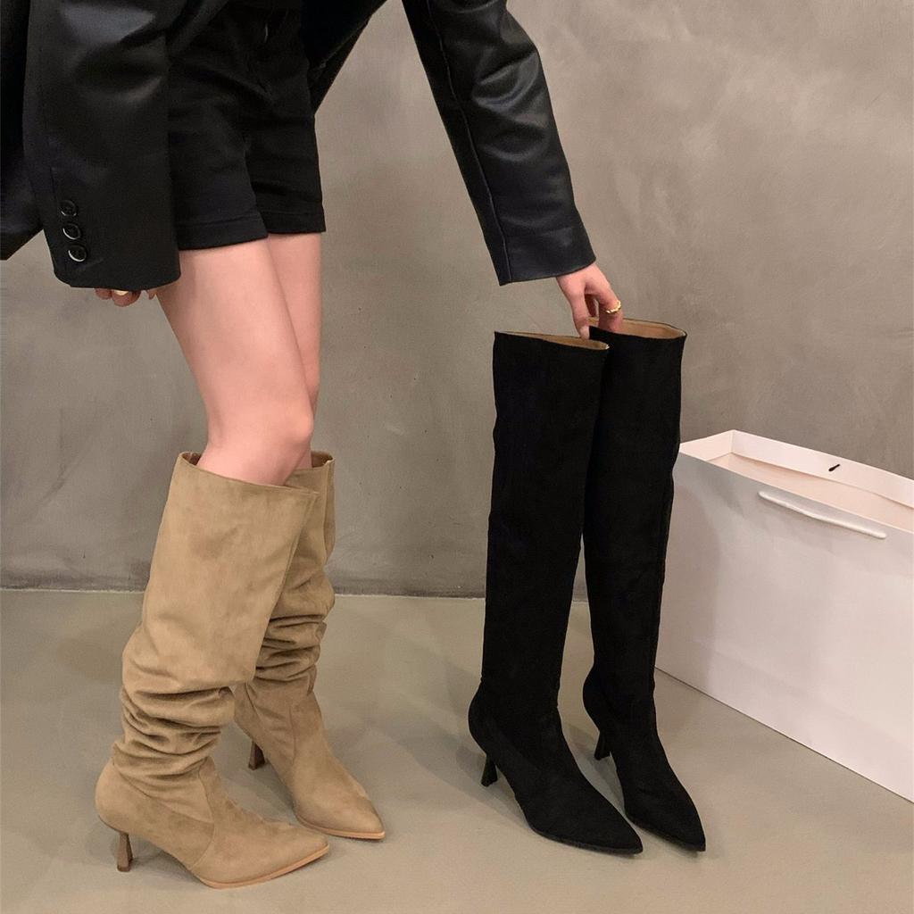 High-heeled Khaki Knee-piled Boots Women's Shoes 2025 New Autumn and Winter Pointed Thin Long Tube Knight Boots