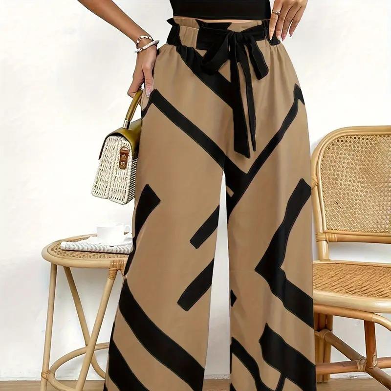 Women Wide Leg Pants Fashion Striped Print Pantalones Spring Summer Casual Loose Lace Up Traf Clothing