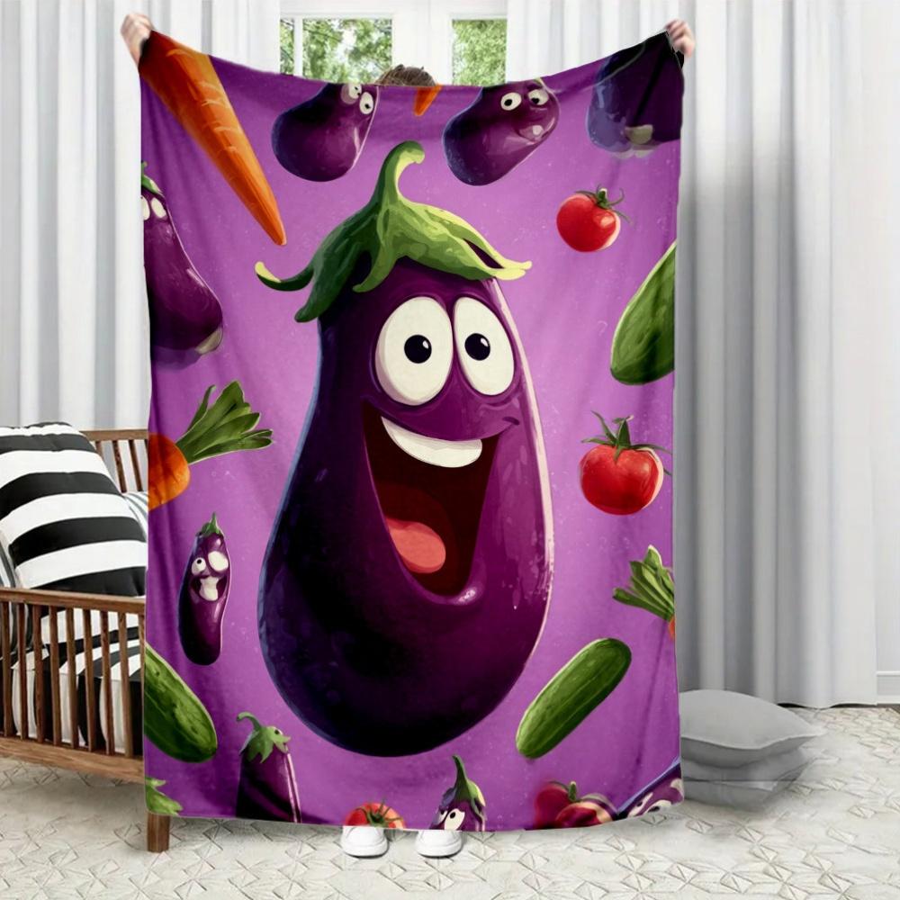 funny smiling eggplant Flannel printed blanket suitable for all seasons suitable for living room office sofa and travel