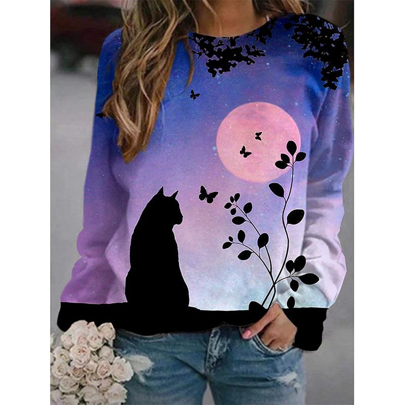 Fashion Ladies T-shirt Cat Pattern 3D Printing Round Neck Long Sleeve Pullover Sweater Women