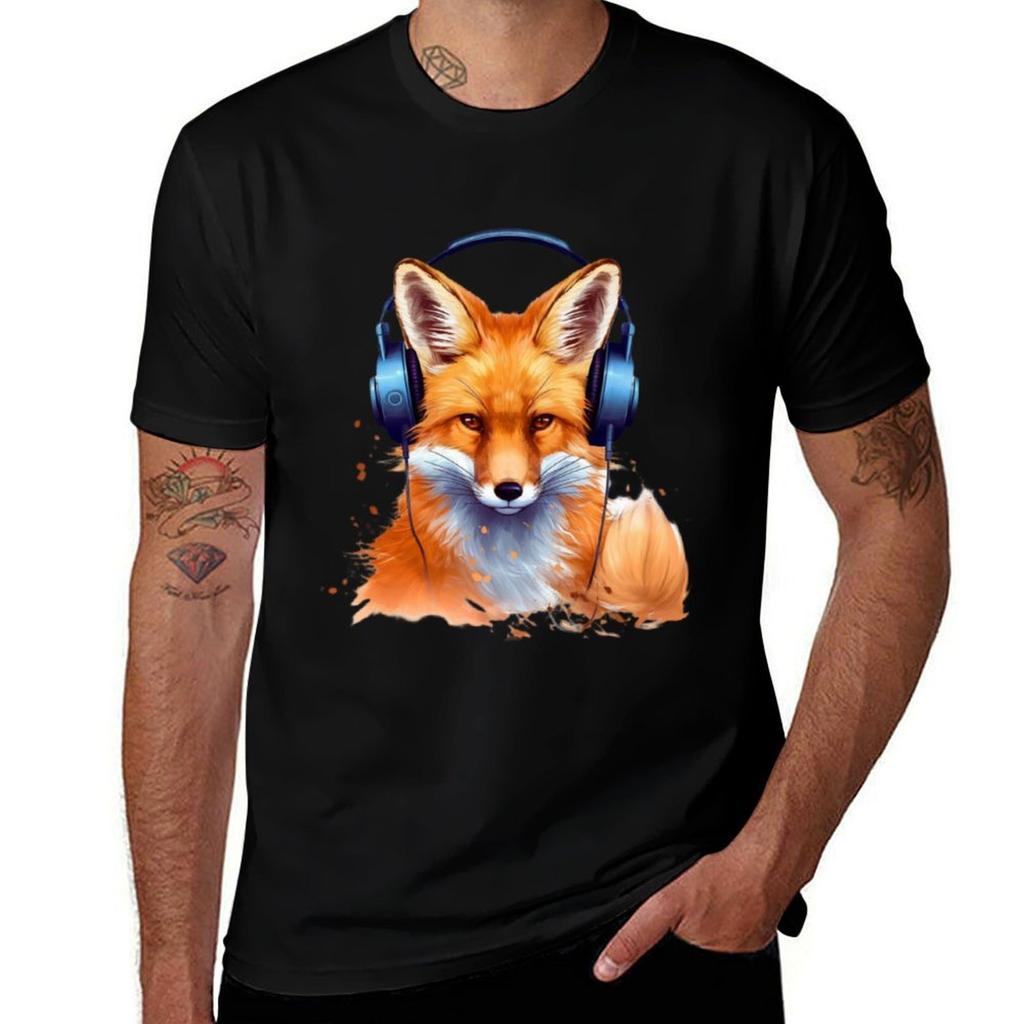 Red Fox Wearing Headphones TShirt Outdoor Sports Short Sleeve Top