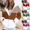 Women Fall Winter Hoodie Jacket Zipper Closure Loose Casual Striped Coat with Pockets Drawstring Hooded Long Sleeves Top