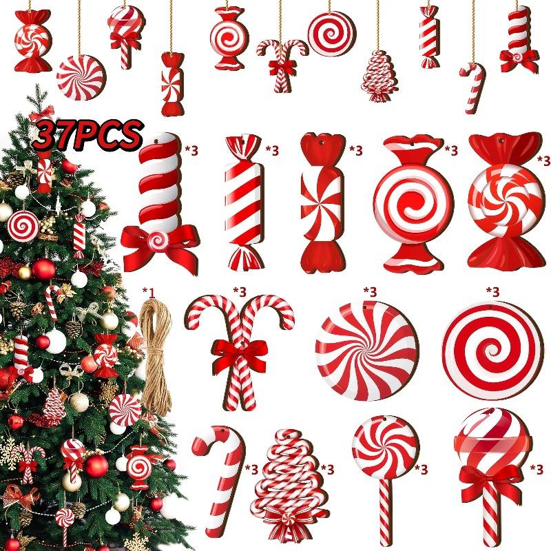 Wooden 37pcs/Set Red White Christmas Candy Lollipop Hanging Ornament, Tree Decoration Mint Candy Pendant, New Year Home Decor