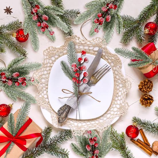 18 шт. Искусственная заснеженная ветка норфолкской сосны, веточки с красными ягодами, искусственный стебель кедра, рождественские ветки с ягодами падуба, DIY наполнитель для вазы, украшение для праздничной вечеринки