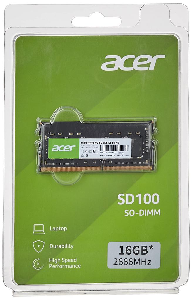 Acer Память для ноутбука 16 ГБ DDR4 DRAM SODIMM Авторизованный дистрибьютор продукт PC4-21300 (DDR4-2666) SD100-16GB-2666-2R8