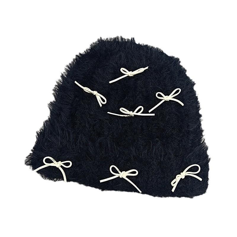Универсальная для лица маленькая милая бантик вязаная теплая шапка на осень и зиму женская плюшевая шапка первая шапка