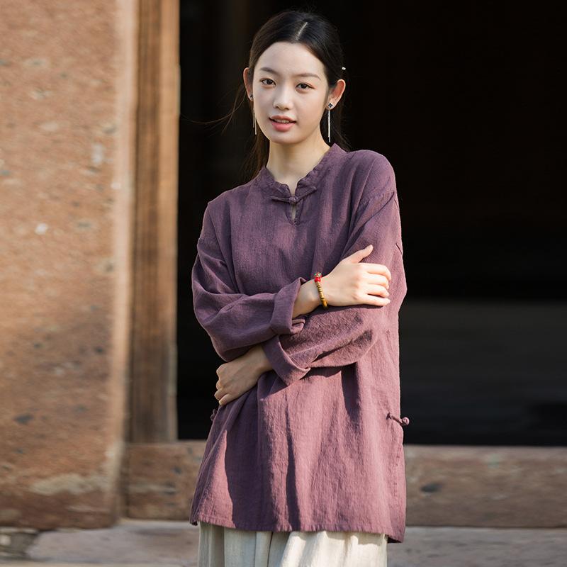 Johnature Женские винтажные рубашки, топы с длинным рукавом, китайский стиль, осенние блузки, однотонные рубашки-стойки
