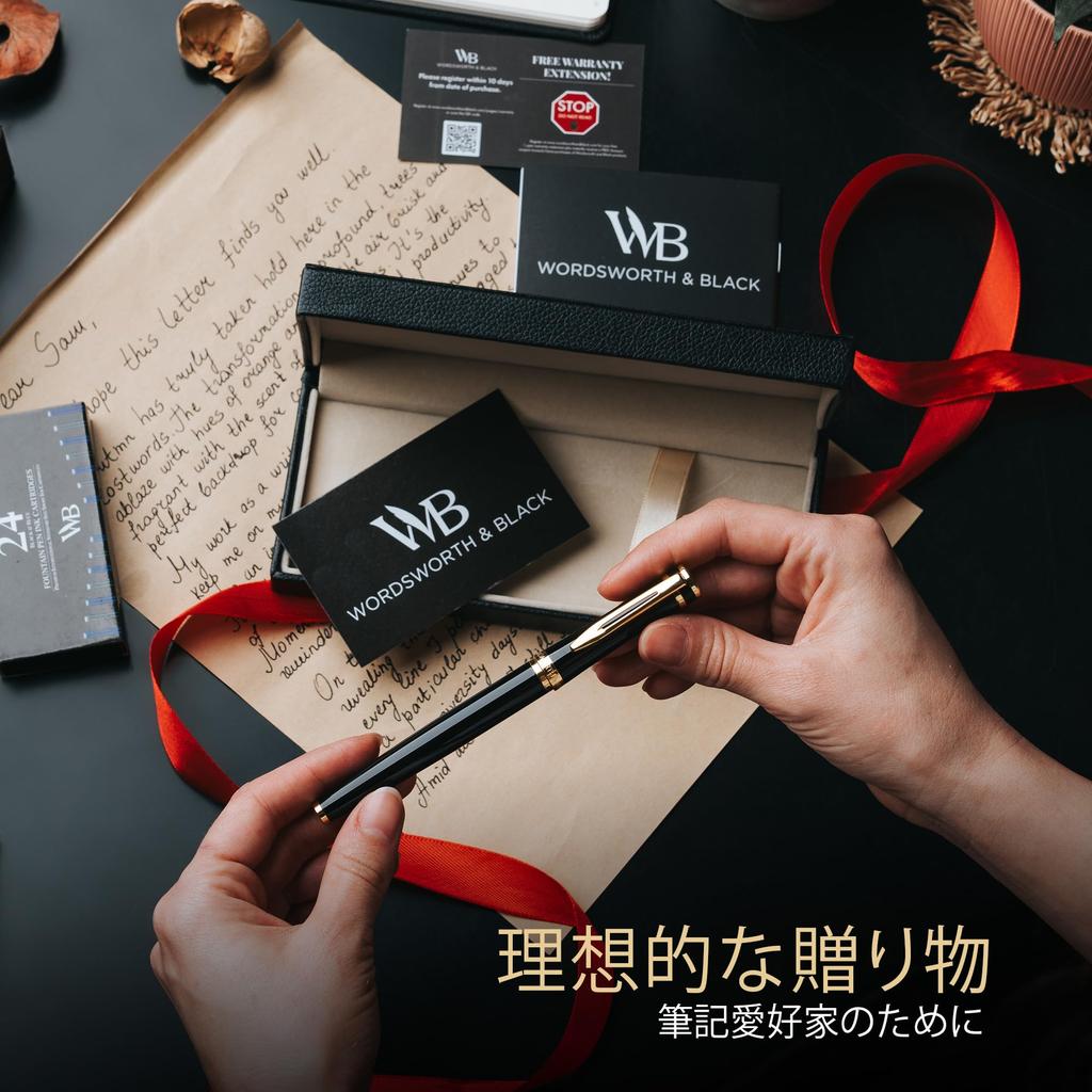 Wordsworth Premium Metal Fountain Pen 24 Fountain Pen Ink Cartridges and 24K Gold Finish 18K Fine Nib Suitable for Men and Women Professional