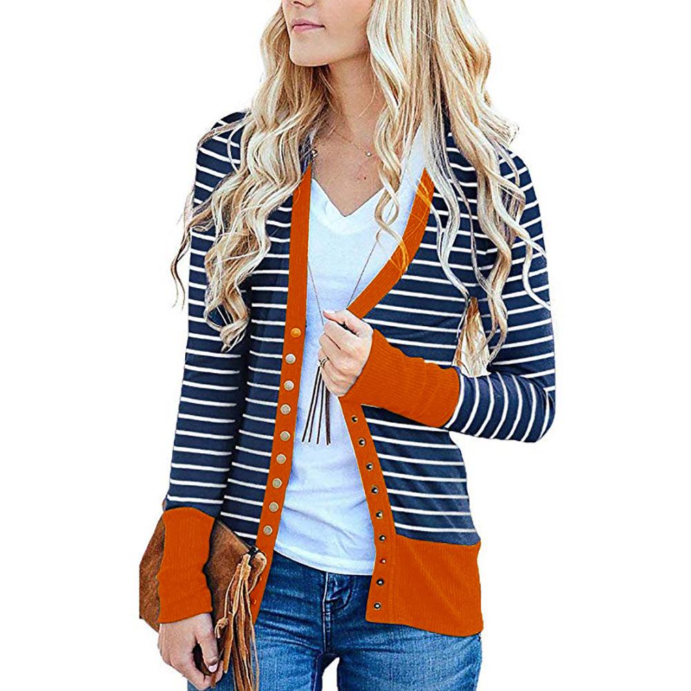 Women's Long Sleeve Ribbed Neckline Open Front Stripe Snap Button Down Knit Cardigans Sweater Coats