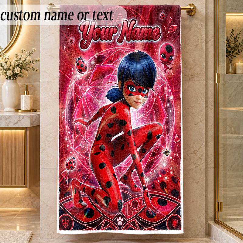 Beach TowelMiraculous Ladybug Custom Name Text Personalized Soft Towel for Beach Pool Indoor Home Decor Gift
