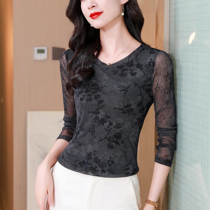 Модный обтягивающий сетчатый топ с длинными рукавами и V-образным вырезом на осень