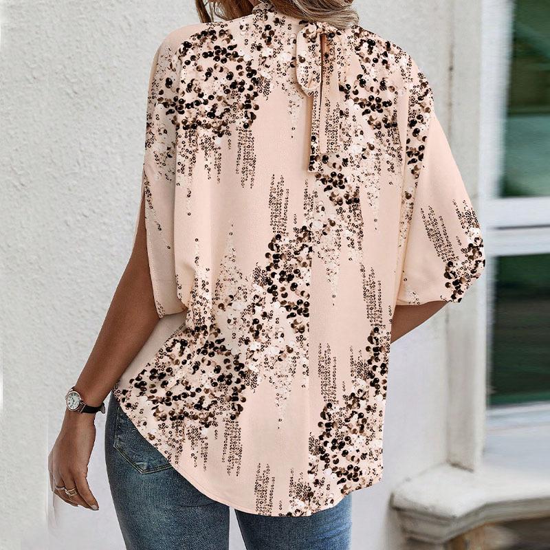 Ladies Summer Batwing Sleeve Bandage O Neck Casual Holiday Printed Pullover Blouse Shirt Top