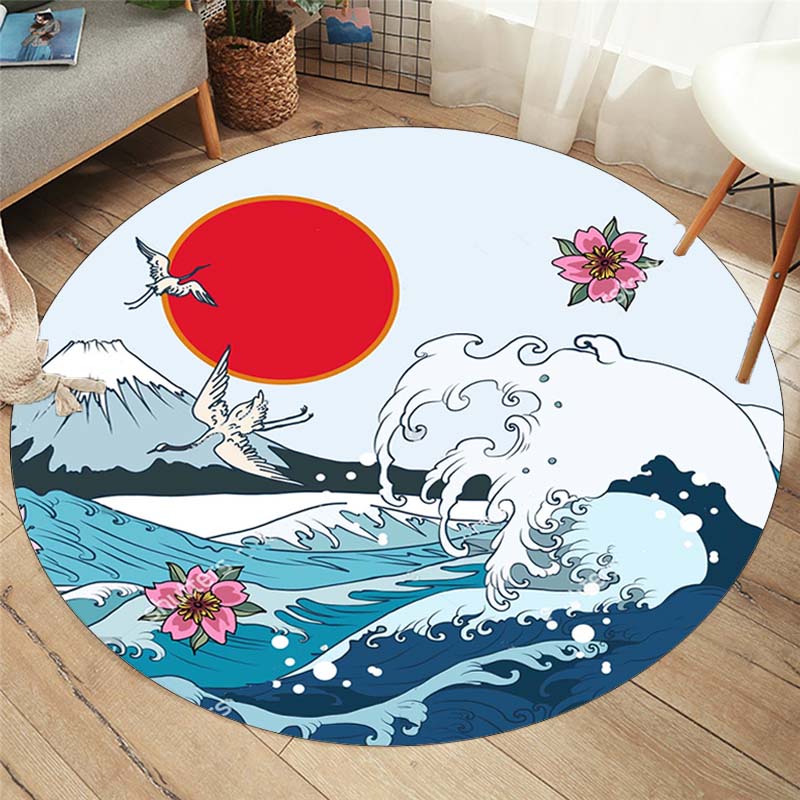 Японский журавль, круглый коврик, японская морская волна, укиё-э, круглый ковер, круглые ковры для гостиной, спальни