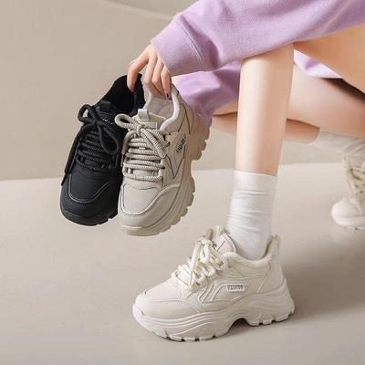 Женские кожаные кроссовки на флисовой подкладке: Модные, Легкие, Увеличивающие рост Повседневные Зимние Ботинки