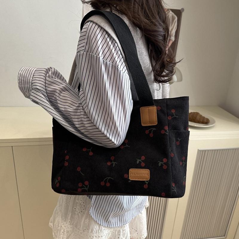 Вельветовая сумка-тоут Милая сумка с нашивкой в виде вишни для женщин Тканевая сумка-тоут большой вместимости Сумка на плечо Повседневные сумки под мышкой CLE