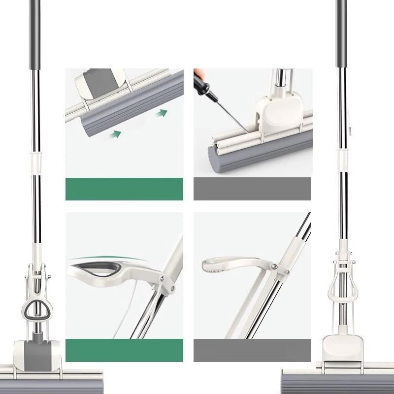 Sponge Mop System with Collapsible Mop Home Tile Floor Bathroom Cleaning Squeegee and Extendable Telescopic Long Handle