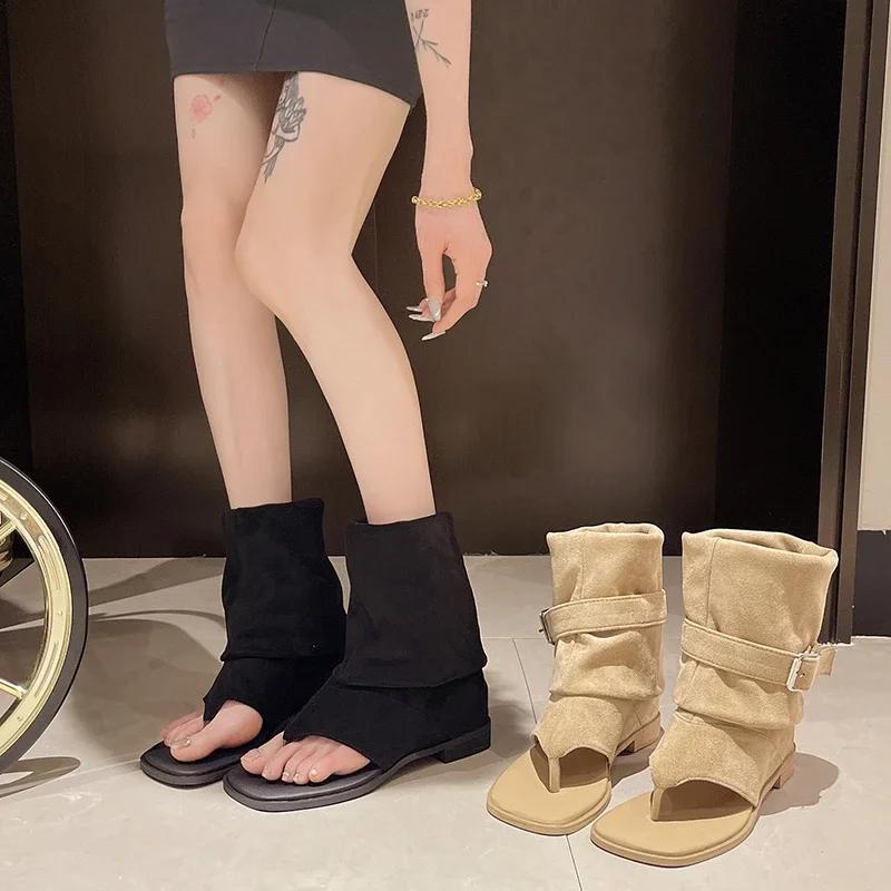 2024 Новые замшевые плиссированные классные сапоги с елочкой на носке, ковбойские сапоги в стиле вестерн, пикантные женские брюки, длинные сапоги, сандалии для женщин