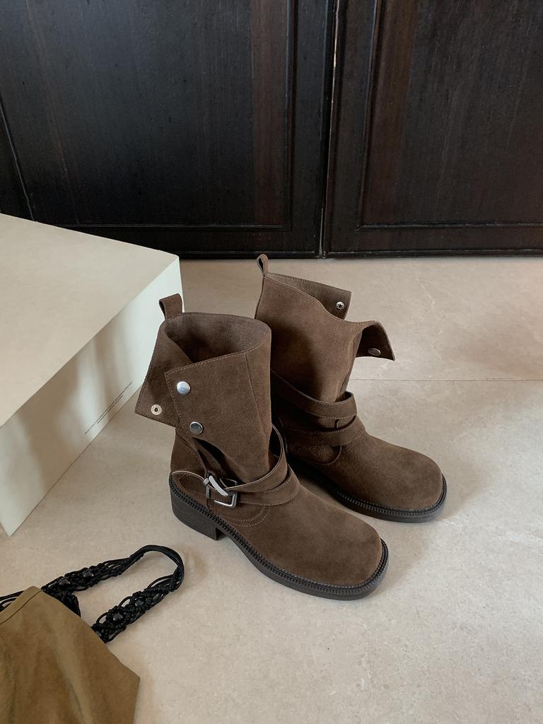 Версия из овчины~ Ретро ботинки на толстой подошве с наборным каблуком Осенние ботильоны Maillard с увеличением роста Универсальные ботинки-мартин на толстом каблуке с ремешком и пряжкой