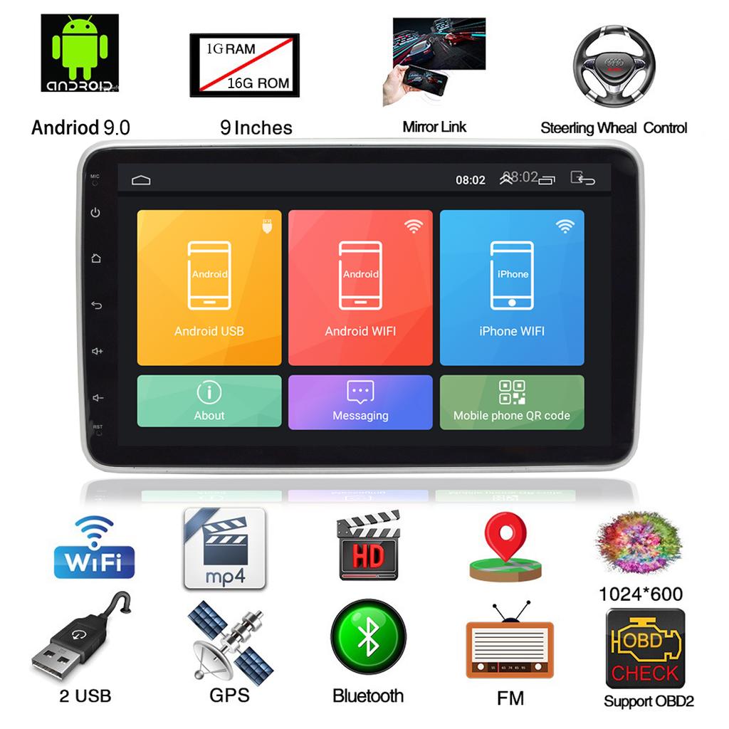 Universal Rotatable 9" Screen Android9.0 HD Quad-core Car Stereo Radio GPS Wifi