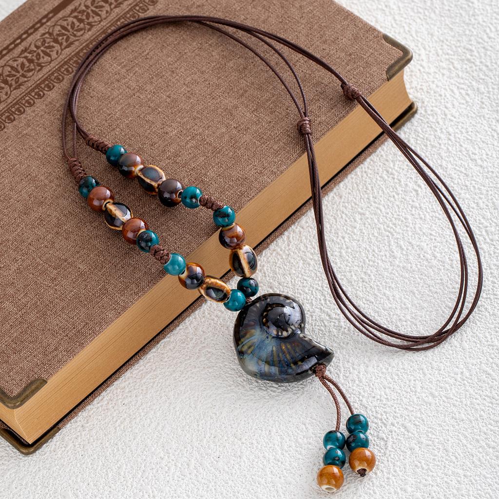 Винтажная керамическая нить бусин Ракушка Подвеска Ожерелье Женское Богемный Экзотический Этнический Стиль Плетеное Путешествия Украшения