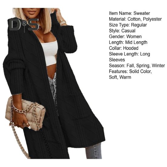 Женский осенне-зимний свитер, пальто с аппликацией с капюшоном, однотонный, толстый трикотаж, свободный, средней длины, с карманами, кардиган, с открытой строчкой, женский свитер, куртка