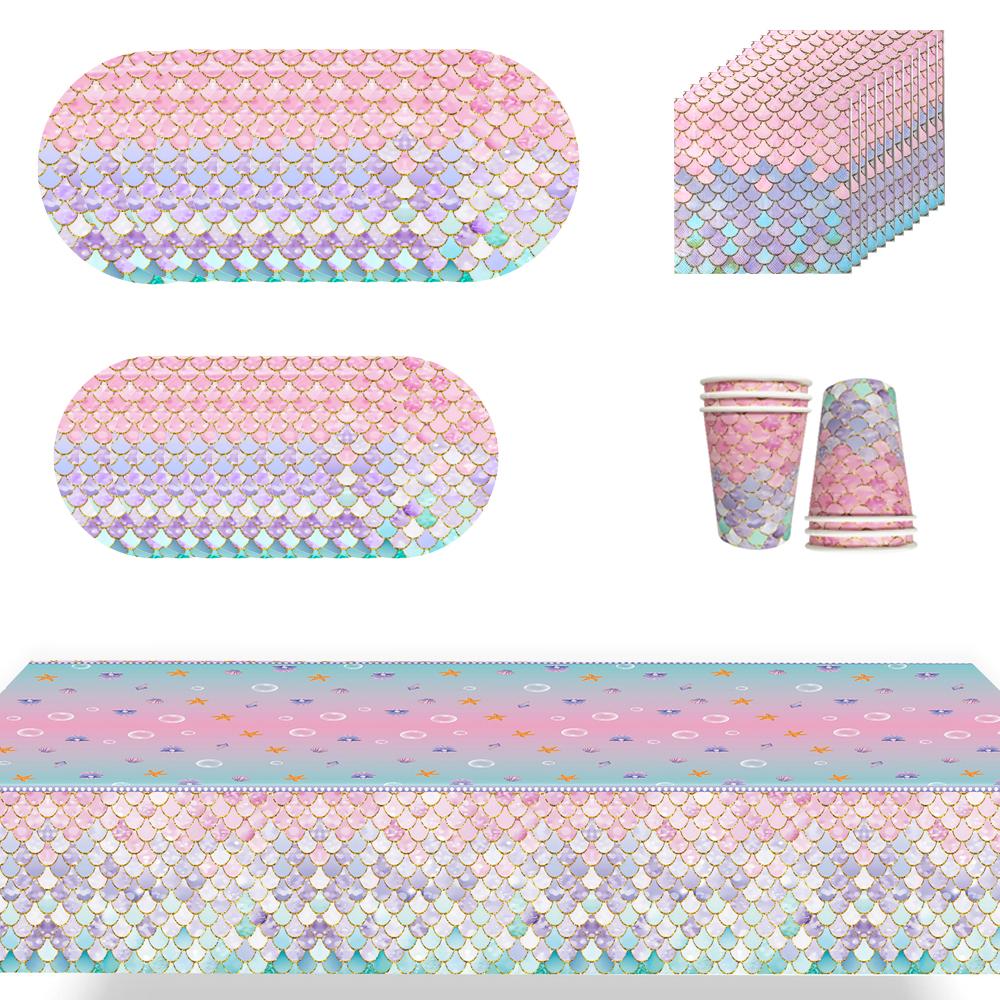 51pcs Mermaid Party Tableware Set Including Plates Napkins Tablecloths Cups