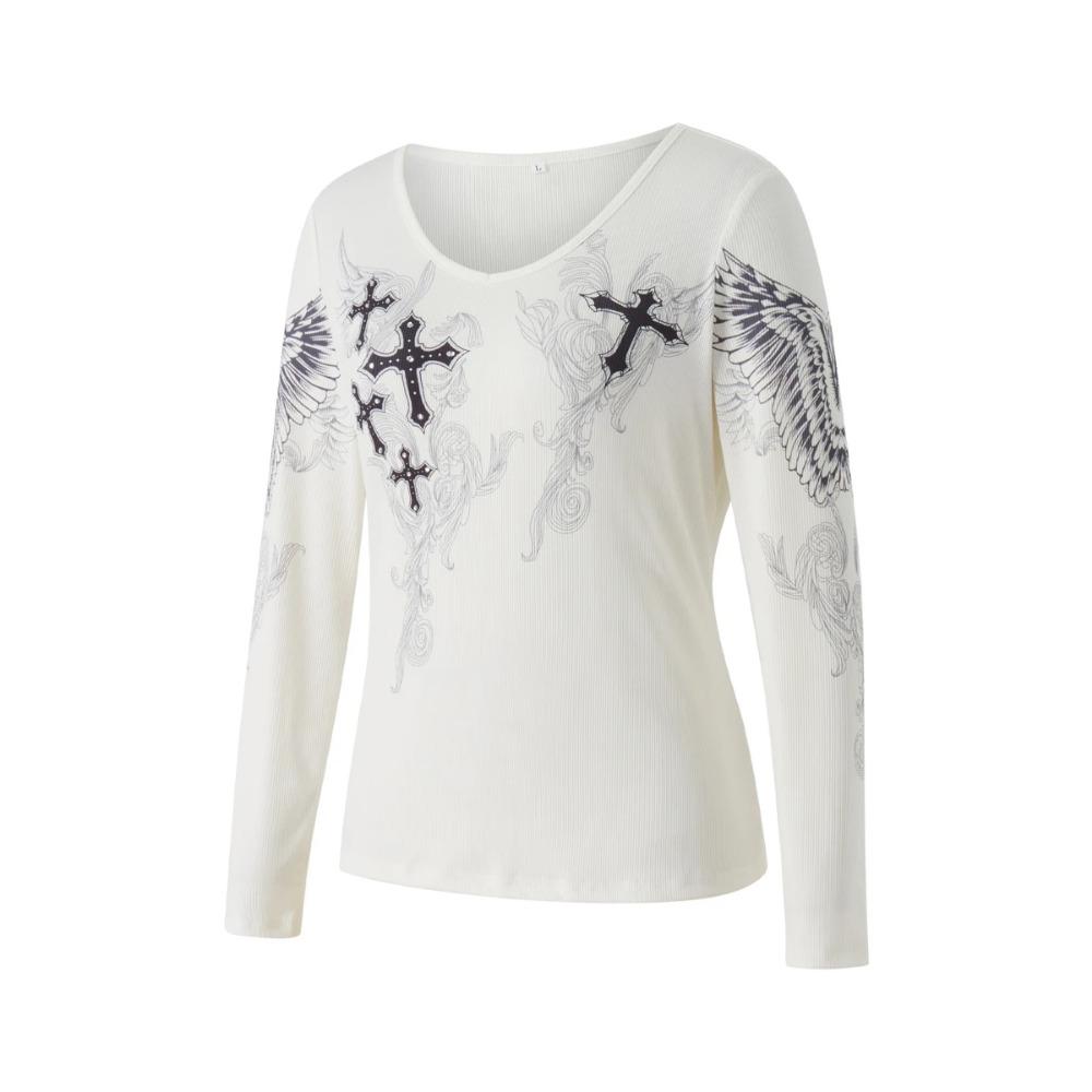 Y2k Graphic Cross Wings Print Long Sleeve Women Grunge Fairy T Shirt Harajuku Tee 2000s Esthetic Punk Style Clothes Streetwear