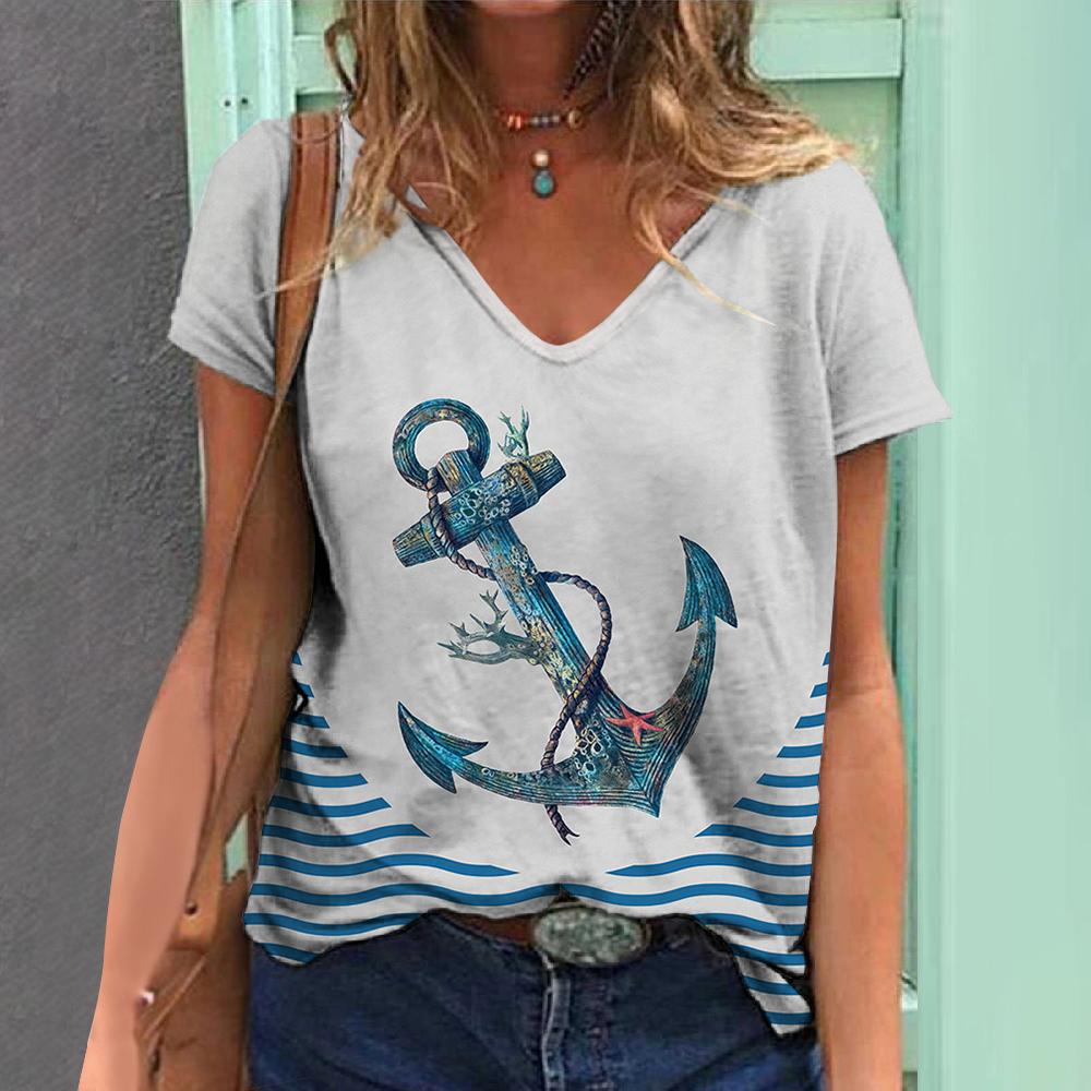 Женские футболки с принтом лодки и якоря, топ, короткий пуловер с рукавами, модная повседневная футболка большого размера с круглым вырезом, женская одежда