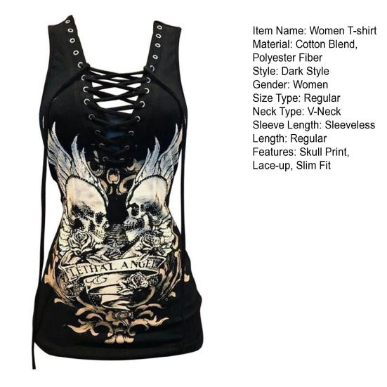 Женская летняя футболка с v-образным вырезом на шнуровке, регулируемые ремни, футболка без рукавов, футболка с буквенным принтом черепа, облегающие пуловеры в стиле панк