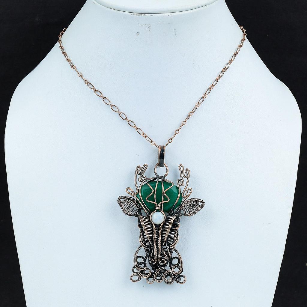 Подвеска с ограненным замбийским изумрудом, подвеска с медной проволокой, подвеска с лунным камнем, ювелирные изделия из драгоценных камней, подвеска ручной работы в виде оленьей морды, подарки на годовщину