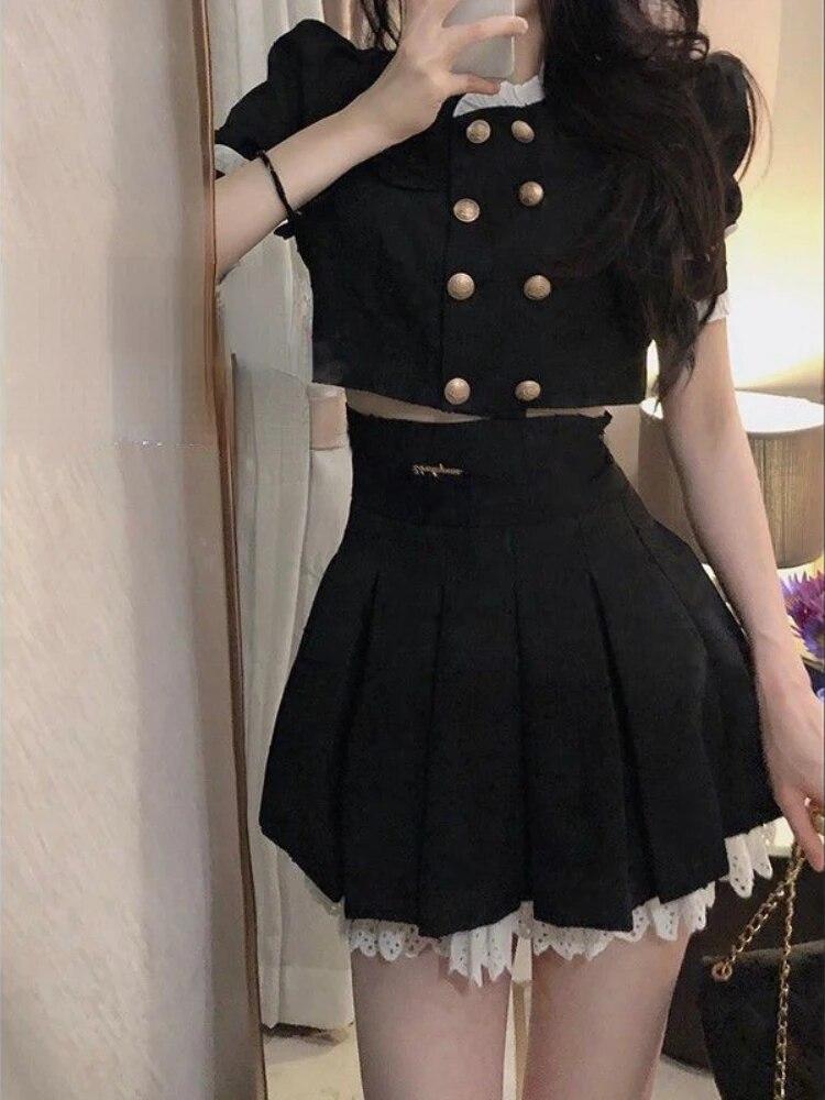 Black French Vintage New Two Piece Set Women College Style Lace Elegant Skirt Sets Female Japanese Sweet Mini Skirt Suit Summer