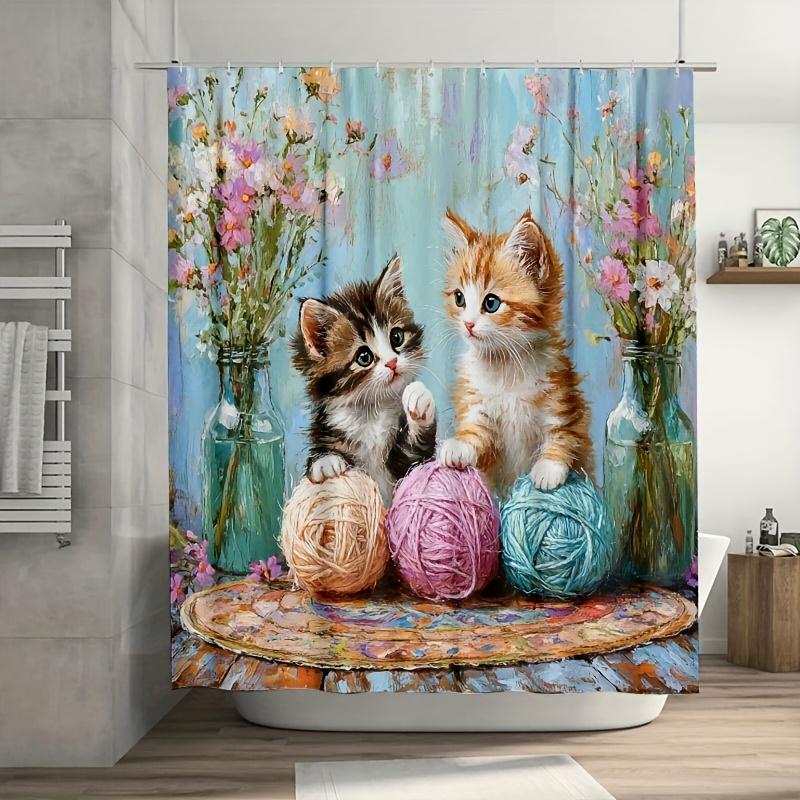 1 шт. Очаровательный котенок, играющий с пряжей, занавеска для душа, прочный полиэстер, милые кошки и цветочный дизайн, для декора ванной комнаты и окна