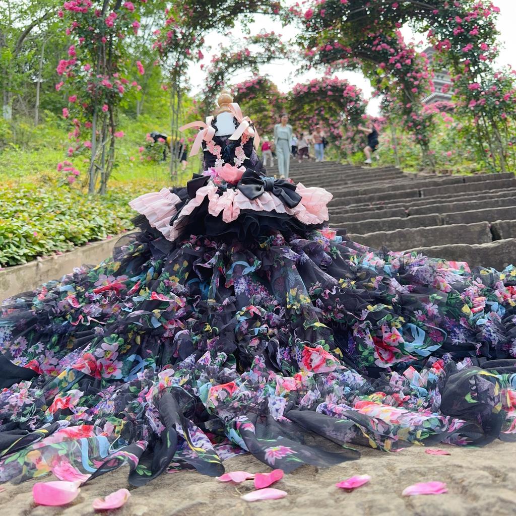 Luxury High-end Black Pink Roseflower Pet Dog Clothes Handmade Long Tail Princess Dress For Small Medium Dog Photography Skirts