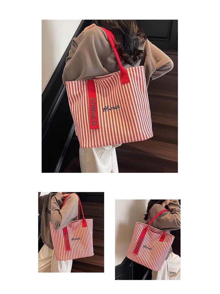 2025 New Women's Large Capacity Canvas Tote: Summer Striped Korean Style Shoulder Handbag