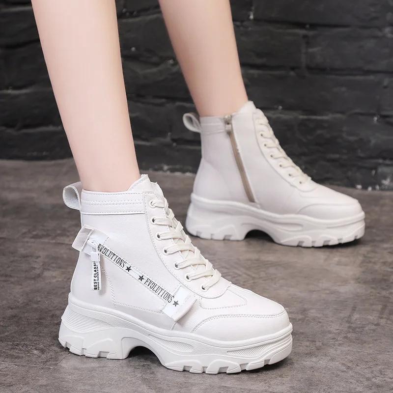 Autumn High Platform Boots 8CM High Heels Women Thick Sole Ankle Shoes Leather Wedge Sneakers Keep Warm Winter Plush Boots2024