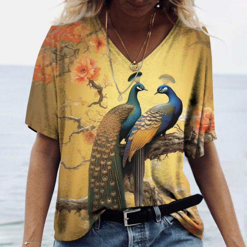 Роскошная женская футболка с рисунком павлина, летняя свободная женская одежда, большая блузка с v-образным вырезом, женские повседневные повседневные футболки с короткими рукавами