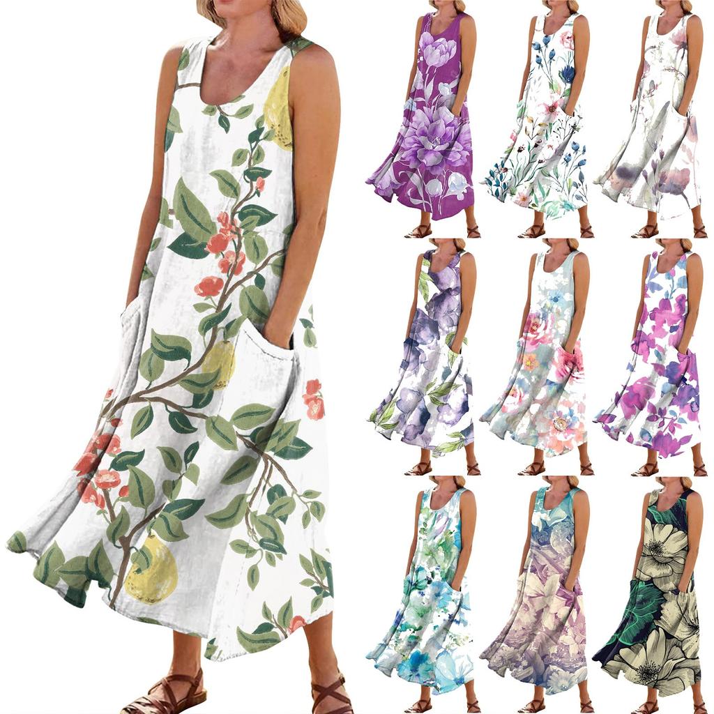 Женское повседневное удобное хлопковое карманное платье без рукавов с цветочным принтом