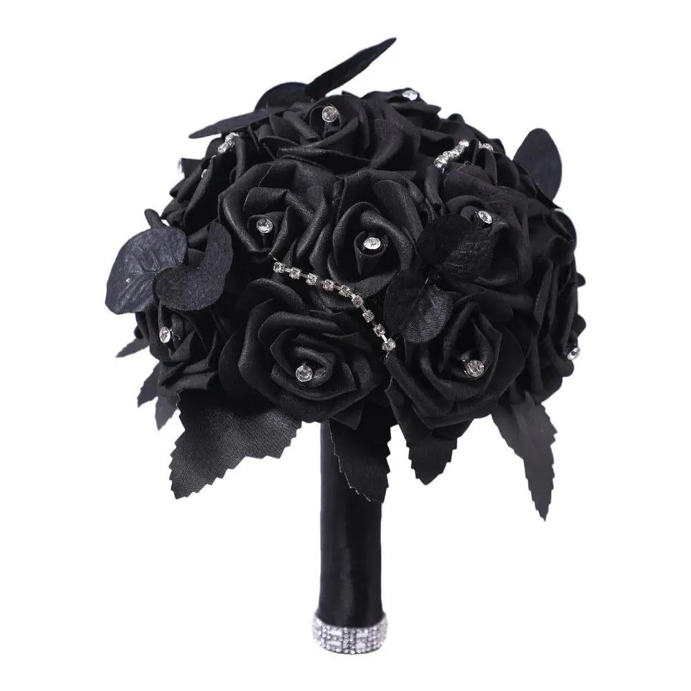 Black Burgundy Gothic Bridal Bouquets for Bride Bridesmaids Artifiicial Silk Foam Roses Flower Wedding Bouquet Halloween E2W5