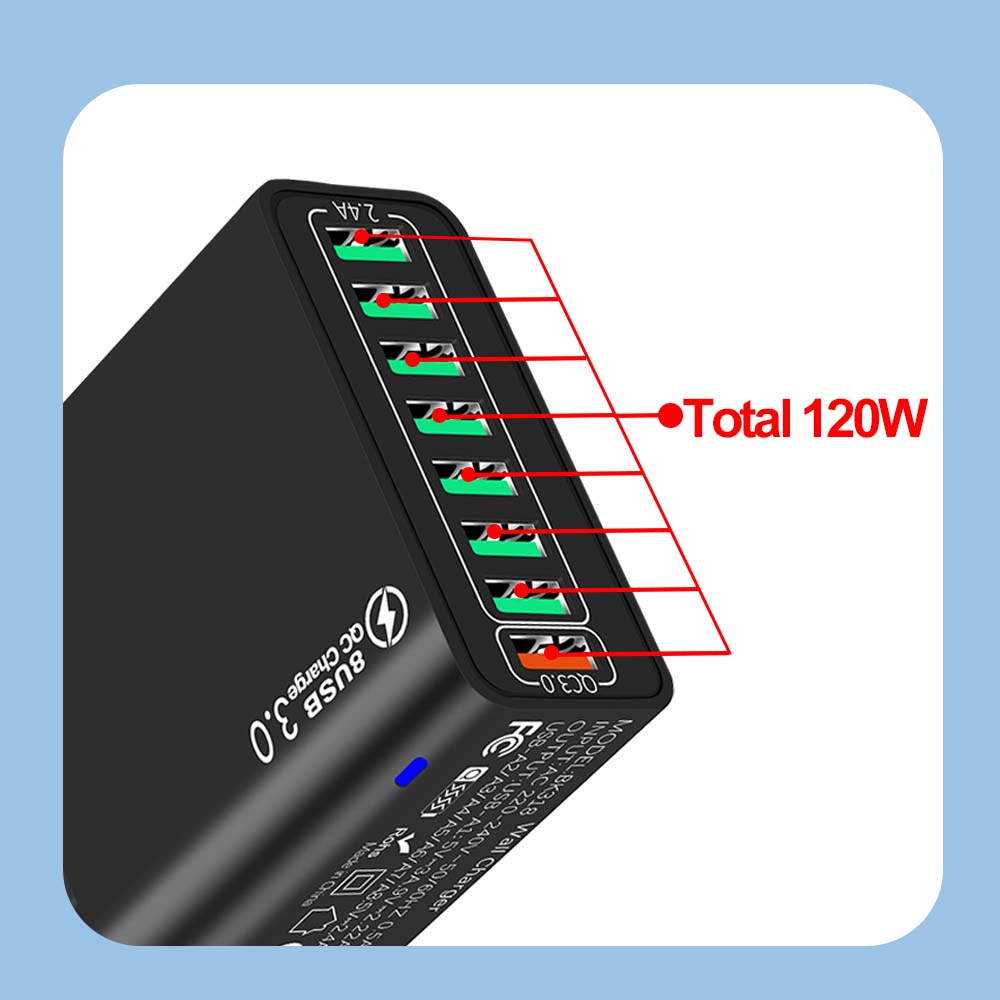 Total 65W 8 Ports Fast Charging USB Wall Charger QC3.0 Portable Mobile Phone Adapter For iPhone Samsung Xiaomi